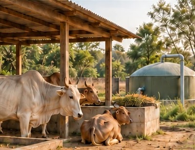 Native Indian cattle beside a feeding trough, with a domed gobar-based energy unit in the background.