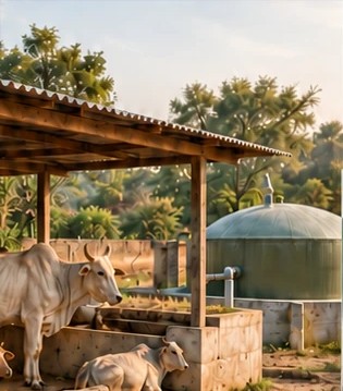 Native Indian cattle resting under a shelter, with a domed gobar-based energy unit behind them.