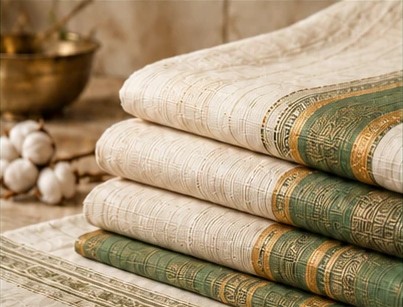 Folded ivory handloom fabrics with green and gold woven borders, beside raw cotton.