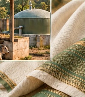 Draped ivory handloom fabric with a green and gold woven border.